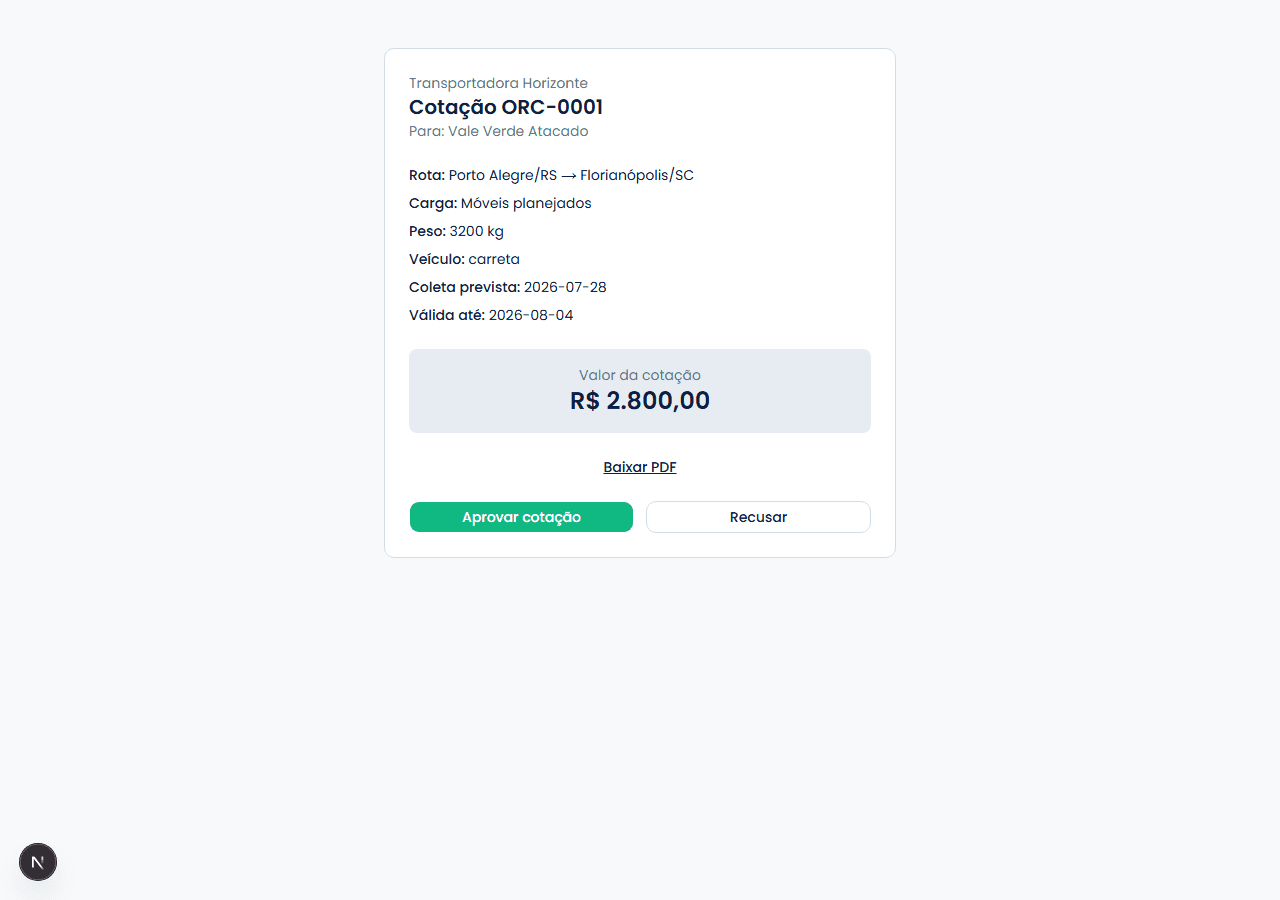 Página pública de uma cotação, com rota, carga, valor e botões para aprovar ou recusar