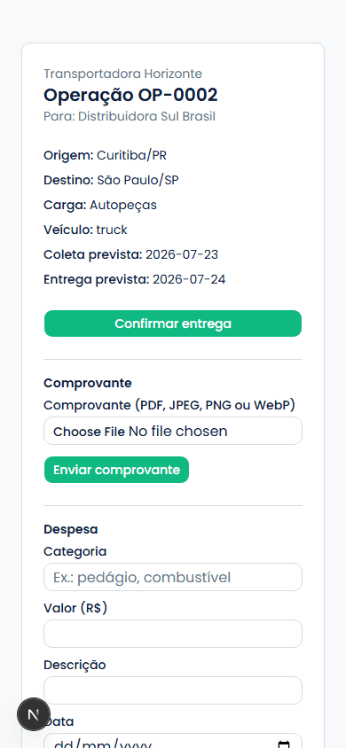 Portal do motorista no celular, com dados da operação e botões para confirmar entrega e enviar comprovante